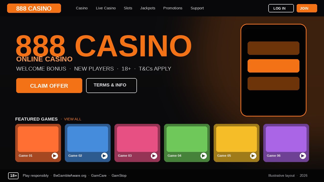 888 Casino homepage mockup with orange-and-black branding, welcome-bonus hero and featured-games row, April 2026.