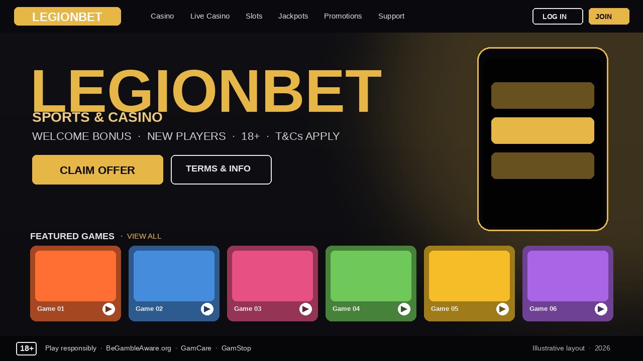 Legionbet homepage mockup showing navigation, welcome-bonus hero and featured-games row, April 2026.