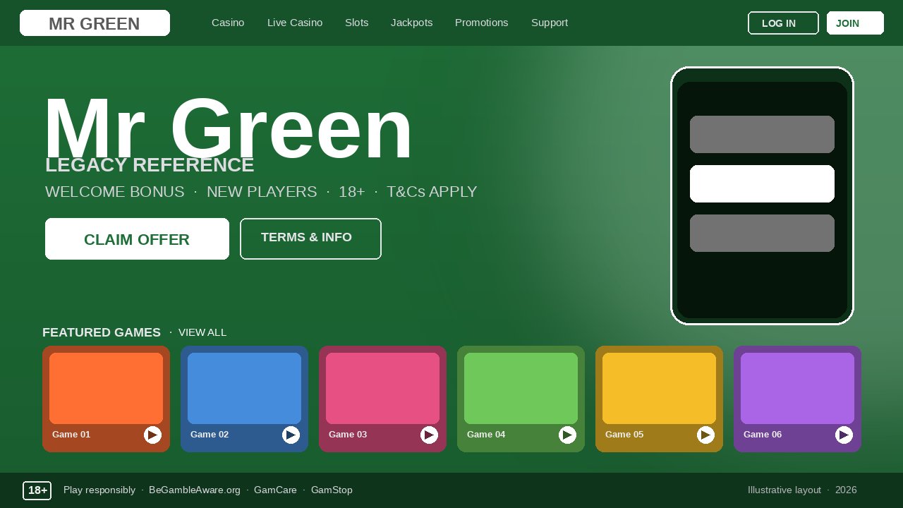 Mr Green homepage mockup in signature green palette, shown as legacy reference after UK market exit, April 2026.
