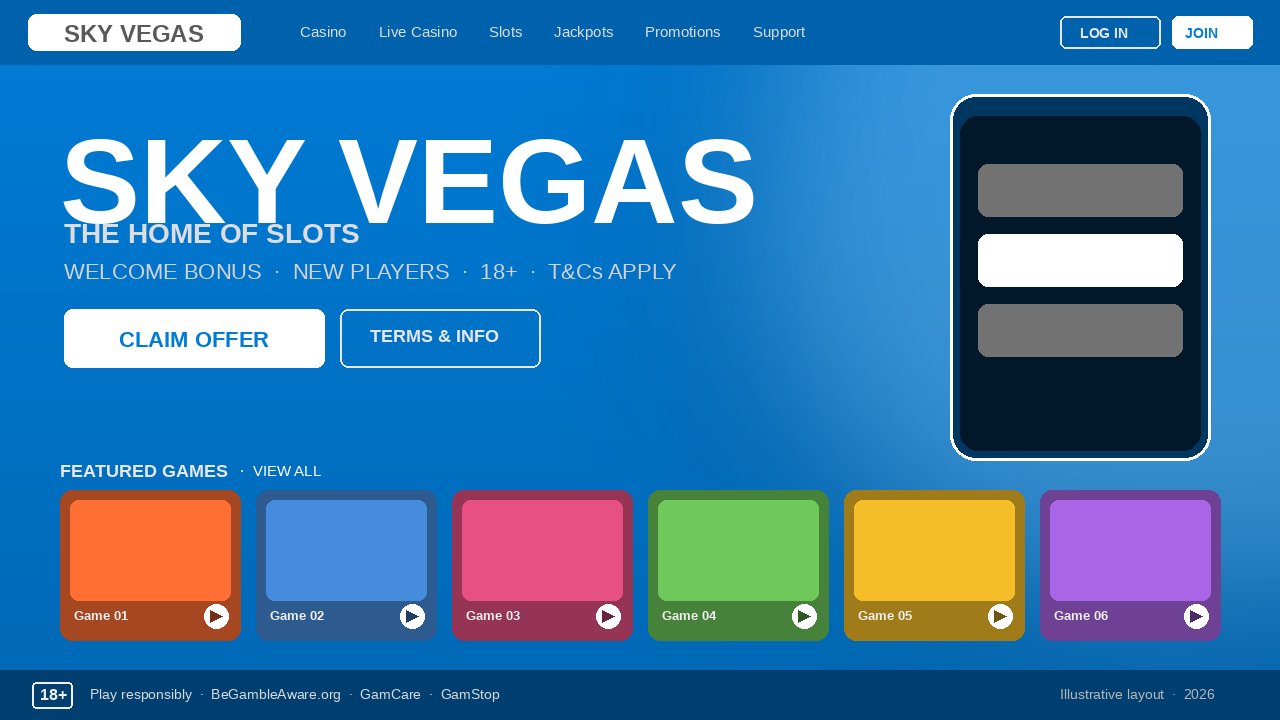 Sky Vegas homepage mockup in Sky blue, showing welcome-bonus hero and featured slots lobby, April 2026.