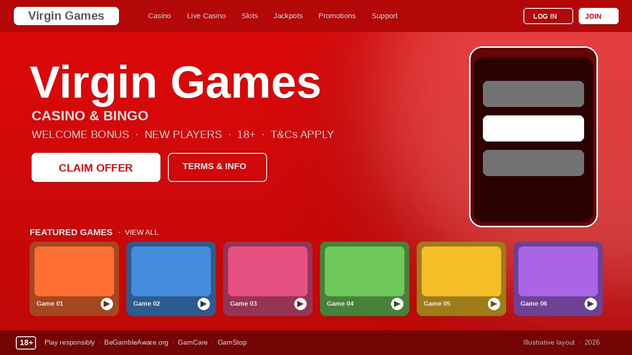Virgin Games homepage mockup in Virgin red, showing welcome-bonus hero and casino + bingo navigation, April 2026.